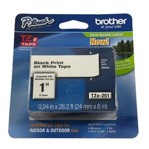 Brother TZe-251 P-Touch Label Tape 24mm 1 Inch Black on White Laminated New